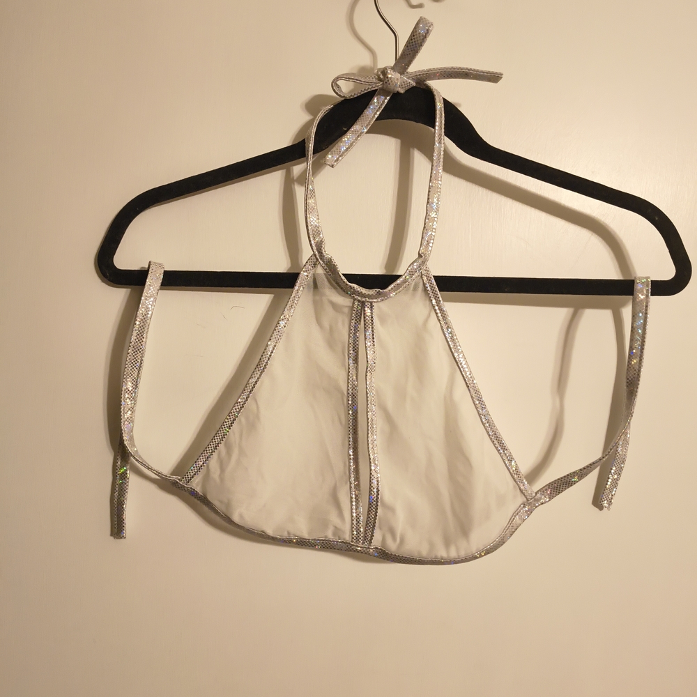 Iheartraves Holographic Trim White Mesh Halter Bikini Top